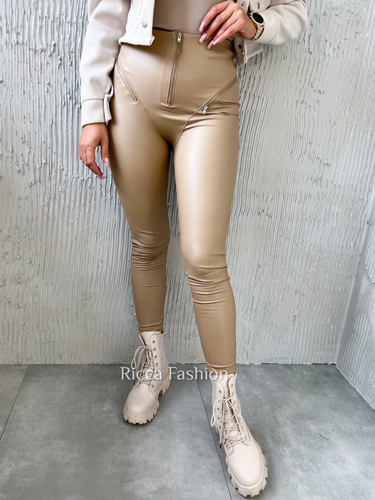 Czekoladowe woskowane legginsy damskie WAXED CHIC z wysokim stanem