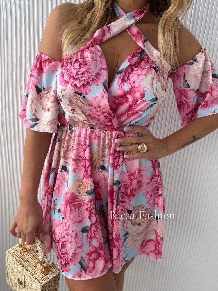 Kombinezon satynowy JASMINE SATIN, blue/peonies 4