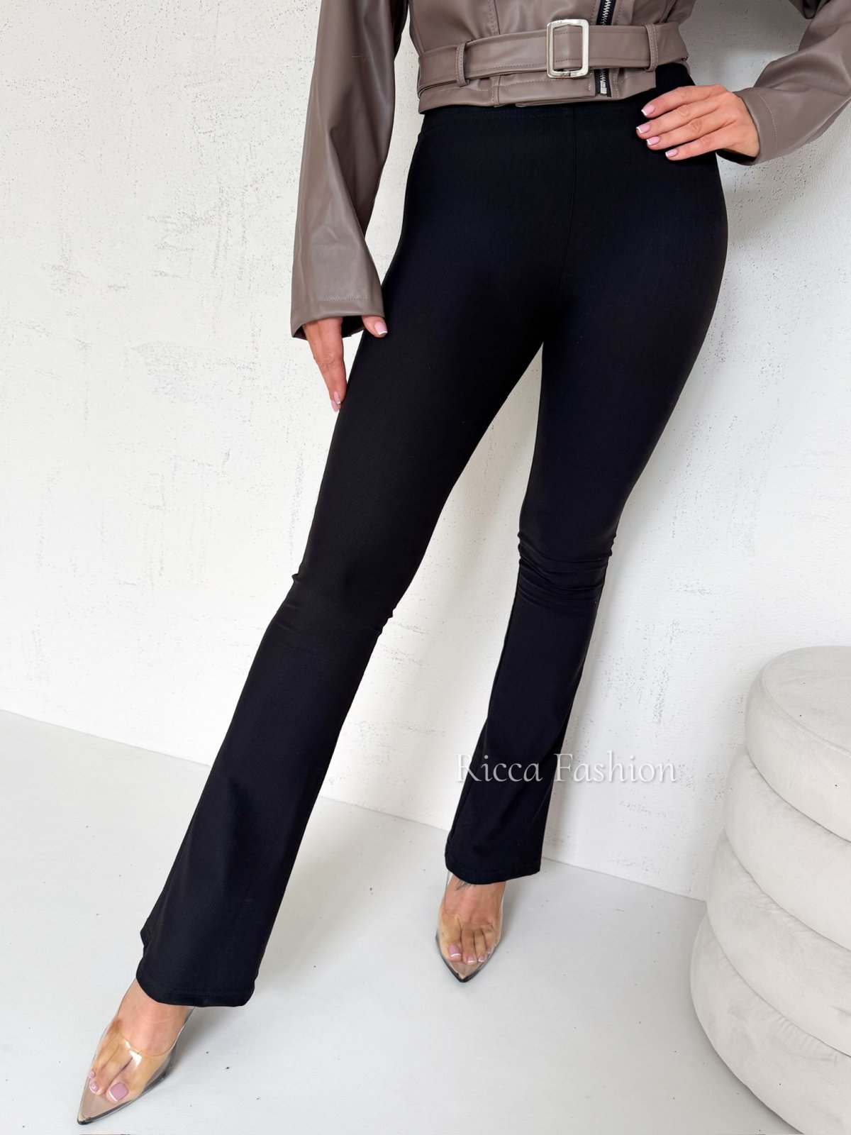 Spodnie prążkowane dzwony ELLIE, black