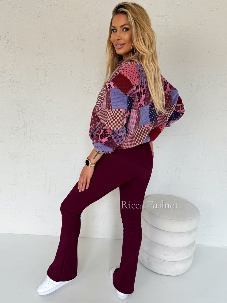 Spodnie prążkowane dzwony ELLIE, bordo