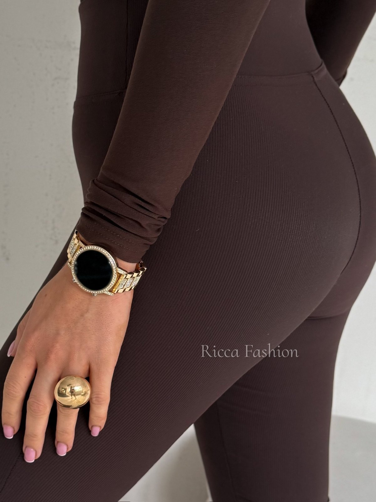 Spodnie prążkowane dzwony ELLIE, czekolada