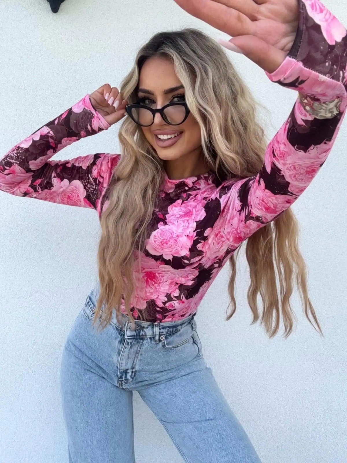 Bluzka SECOND SKIN, kwiaty/czekoladowo-różowe