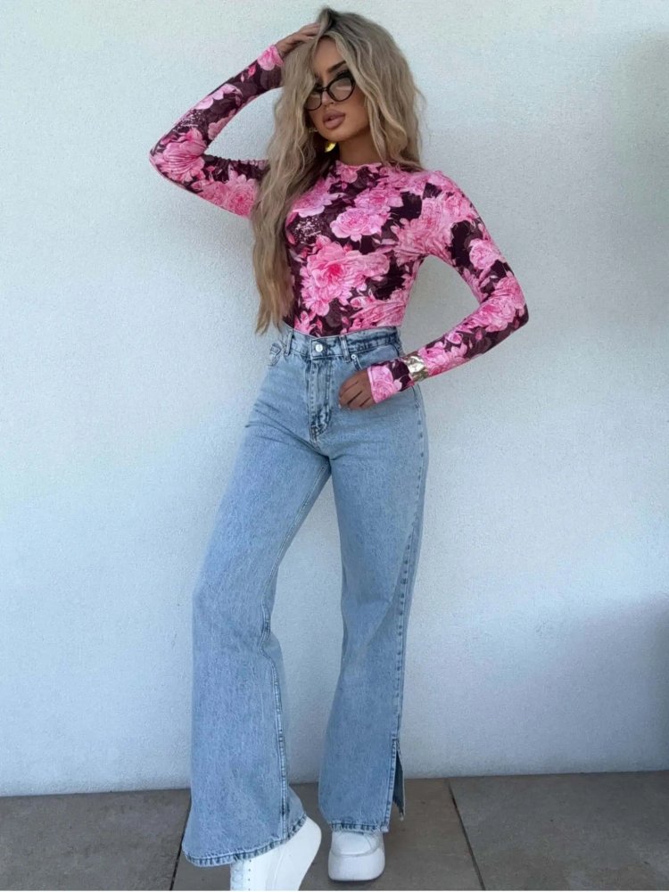 Bluzka SECOND SKIN, kwiaty/czekoladowo-różowe