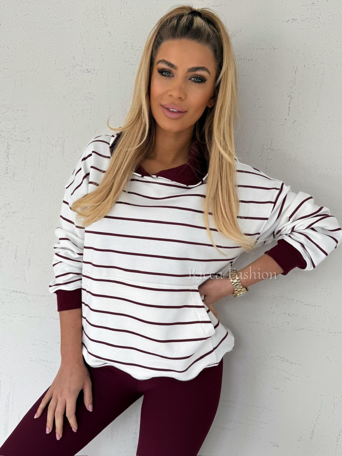 Bluza bawełniana NENA, ecru/bordo