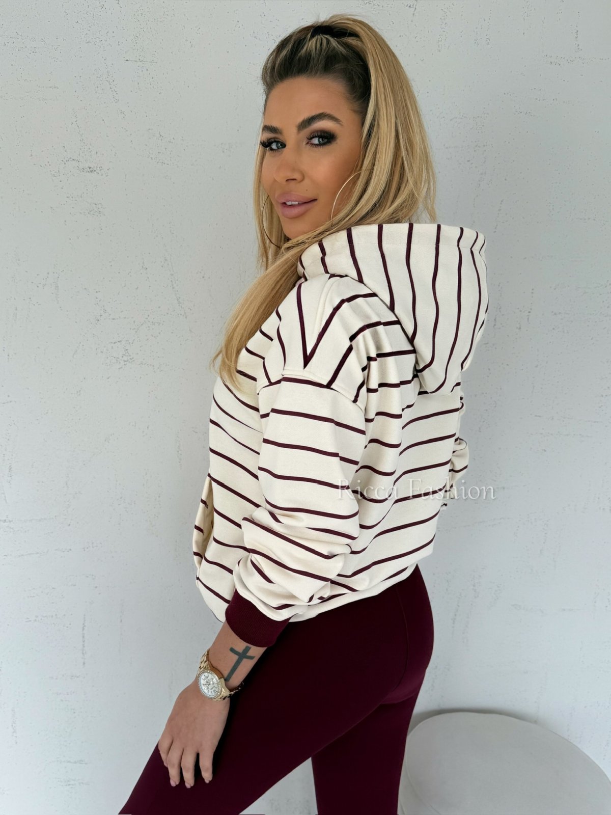 Bluza bawełniana NENA, nude/bordo