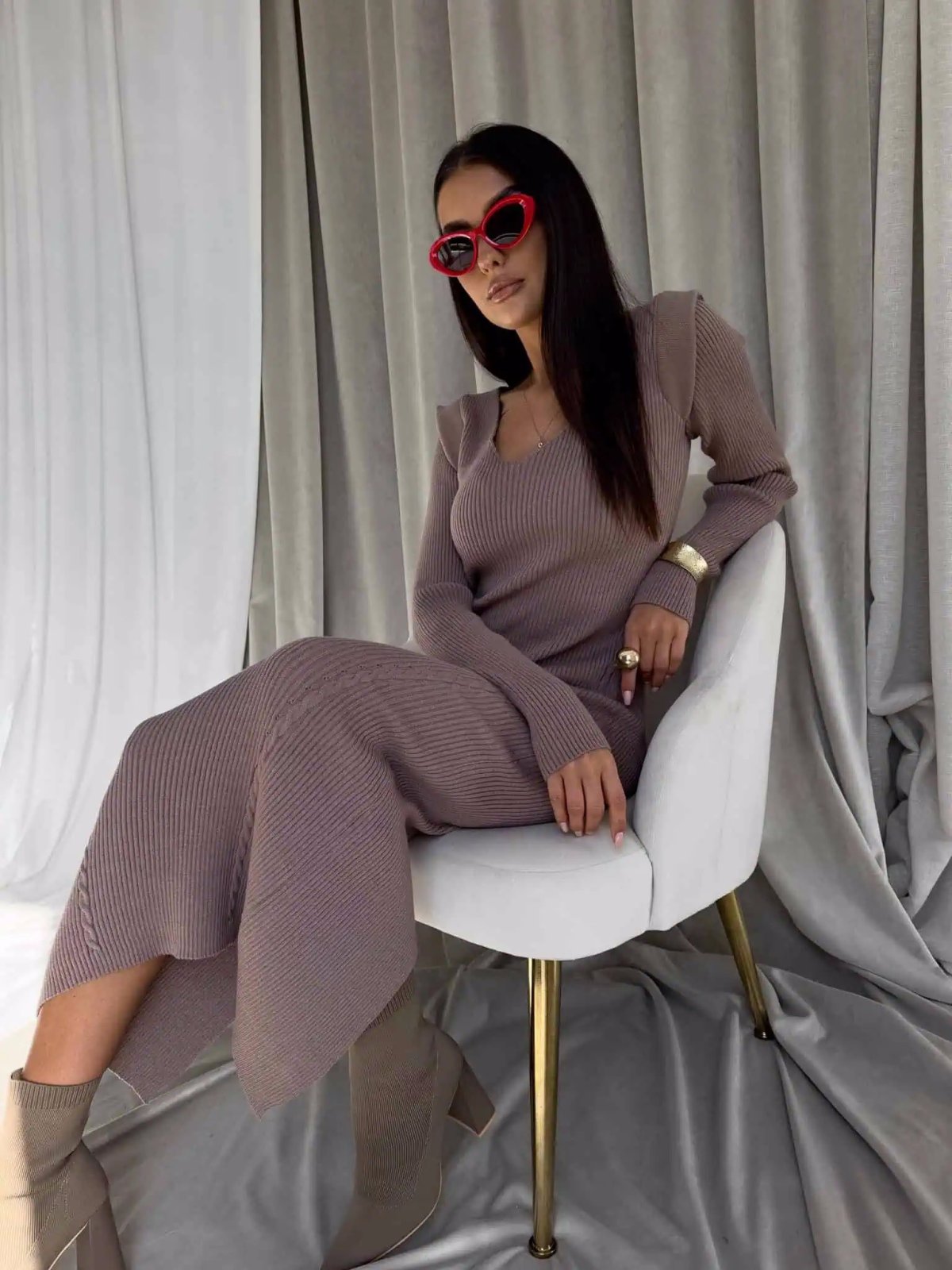 Sukienka z kaszmirem LORDIS, mokka