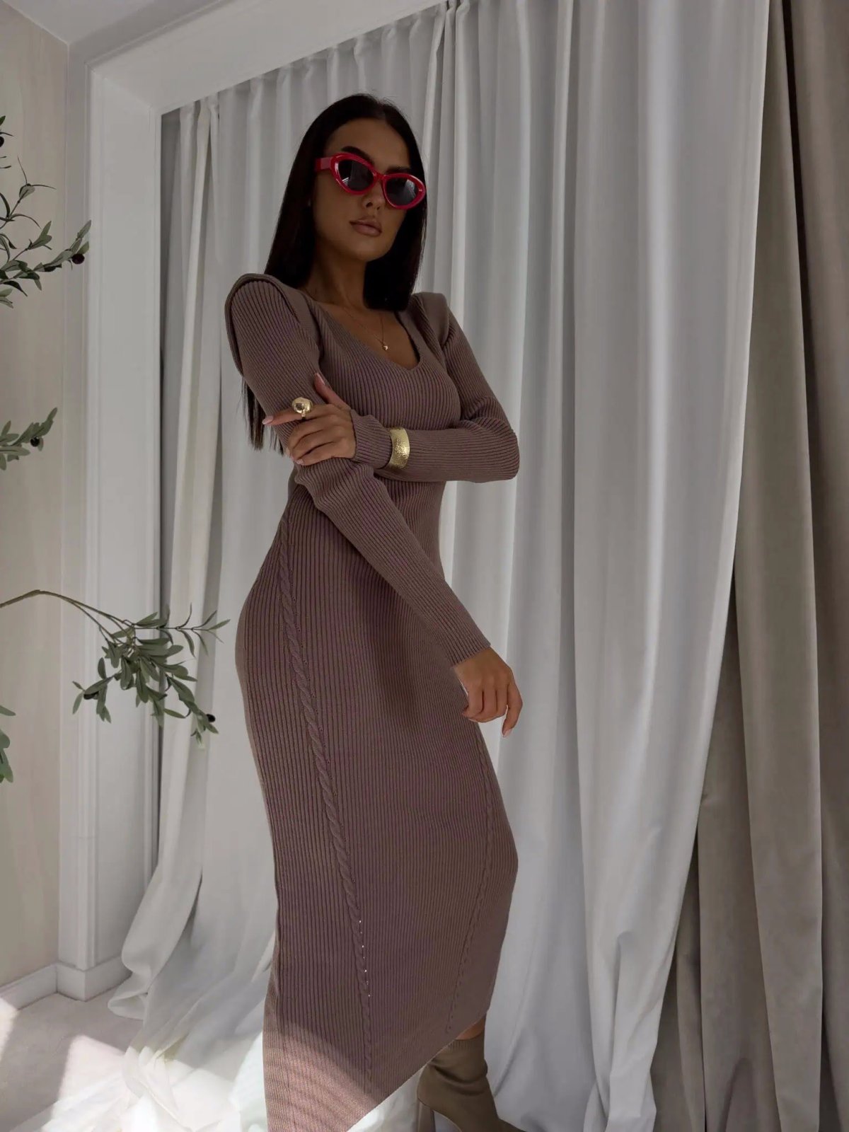 Sukienka z kaszmirem LORDIS, mokka