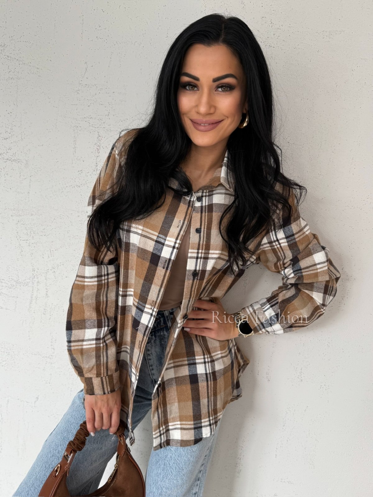 Koszula bawełniana w kratę ZIVA, beige/carmel