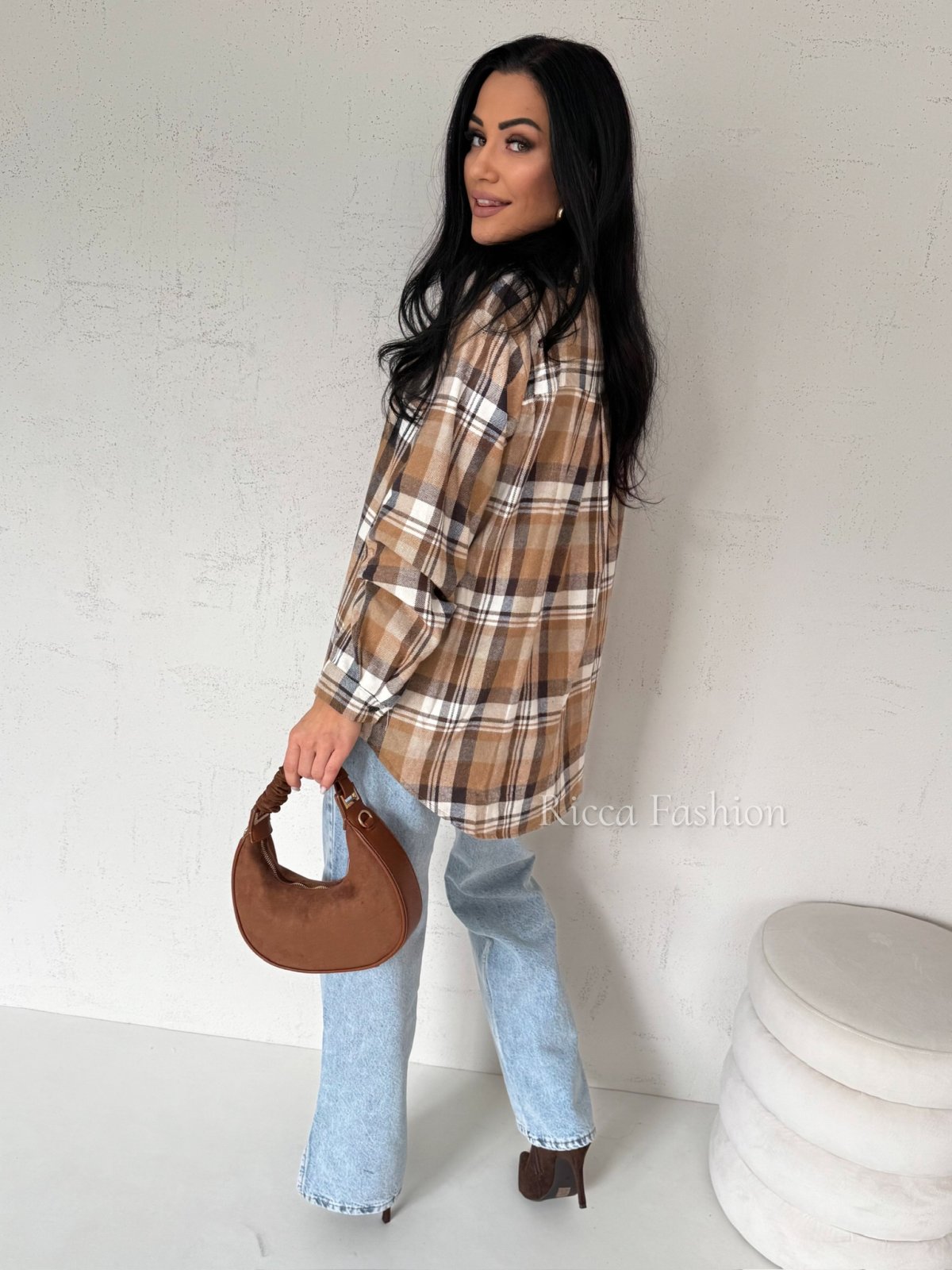 Koszula bawełniana w kratę ZIVA, beige/carmel