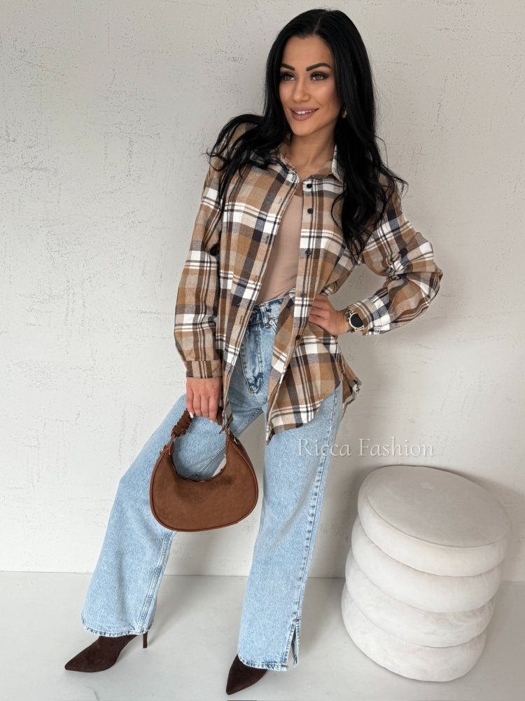 Koszula bawełniana w kratę ZIVA, beige/carmel