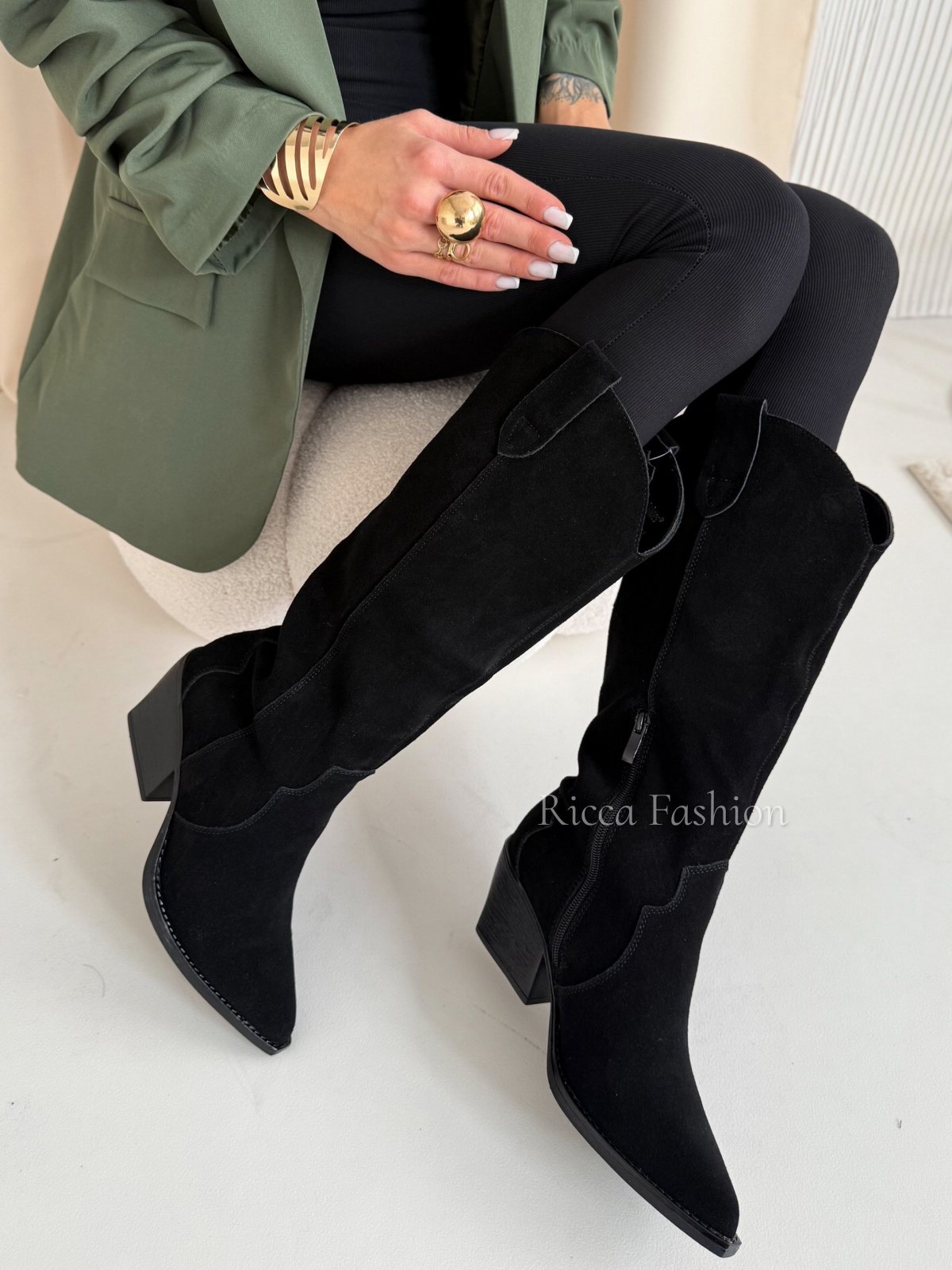 Kowbojki/kozaki skórzane zamszowe ALLURE , black