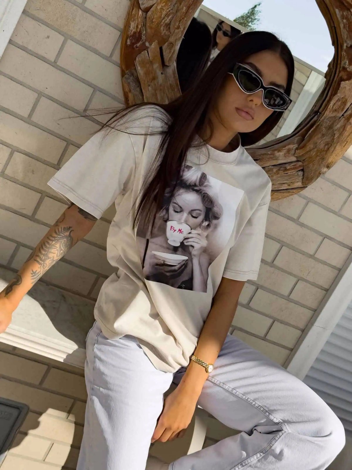 T-shirt dekatyzowany ROLLER, jasny beż