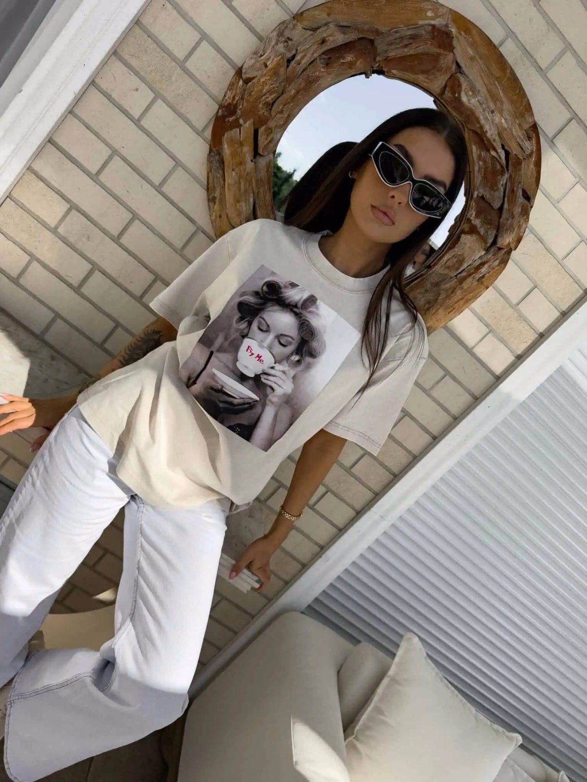 T-shirt dekatyzowany ROLLER, jasny beż