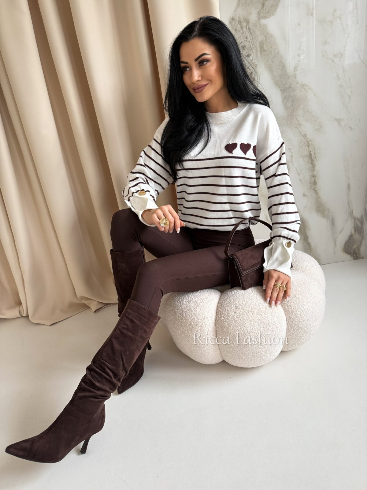 Sweter z wiskozą MILO, ecru/chocolate