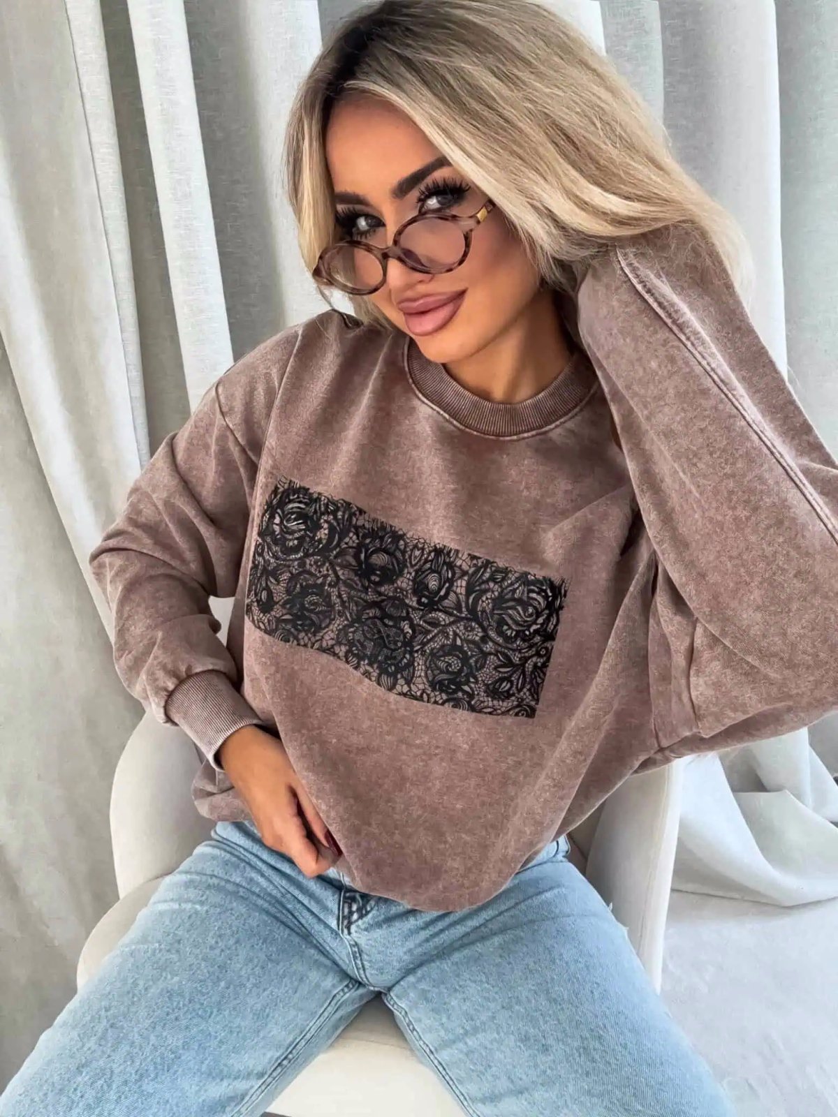 Bluza dekatyzowana KORONKA, ciemny beż