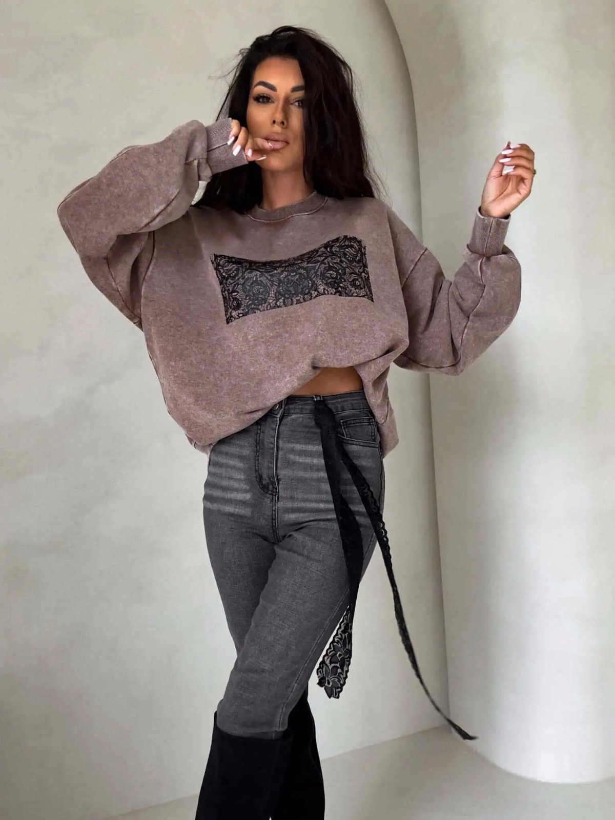 Bluza dekatyzowana KORONKA, ciemny beż