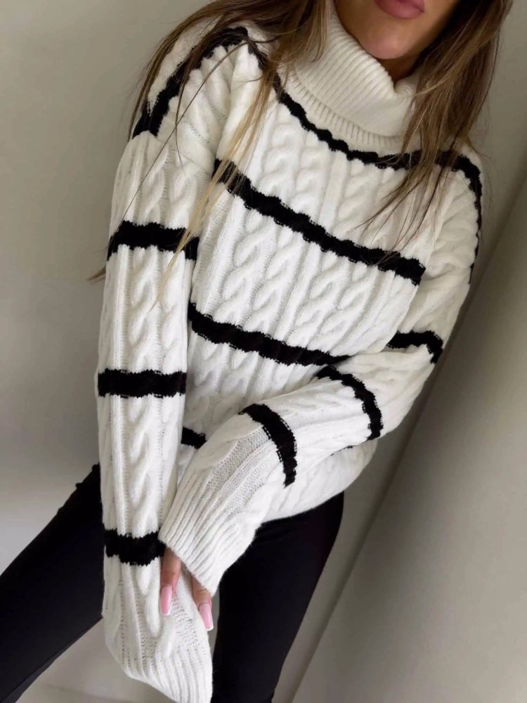 Sweter golf INKO pasy, ecru-czarne