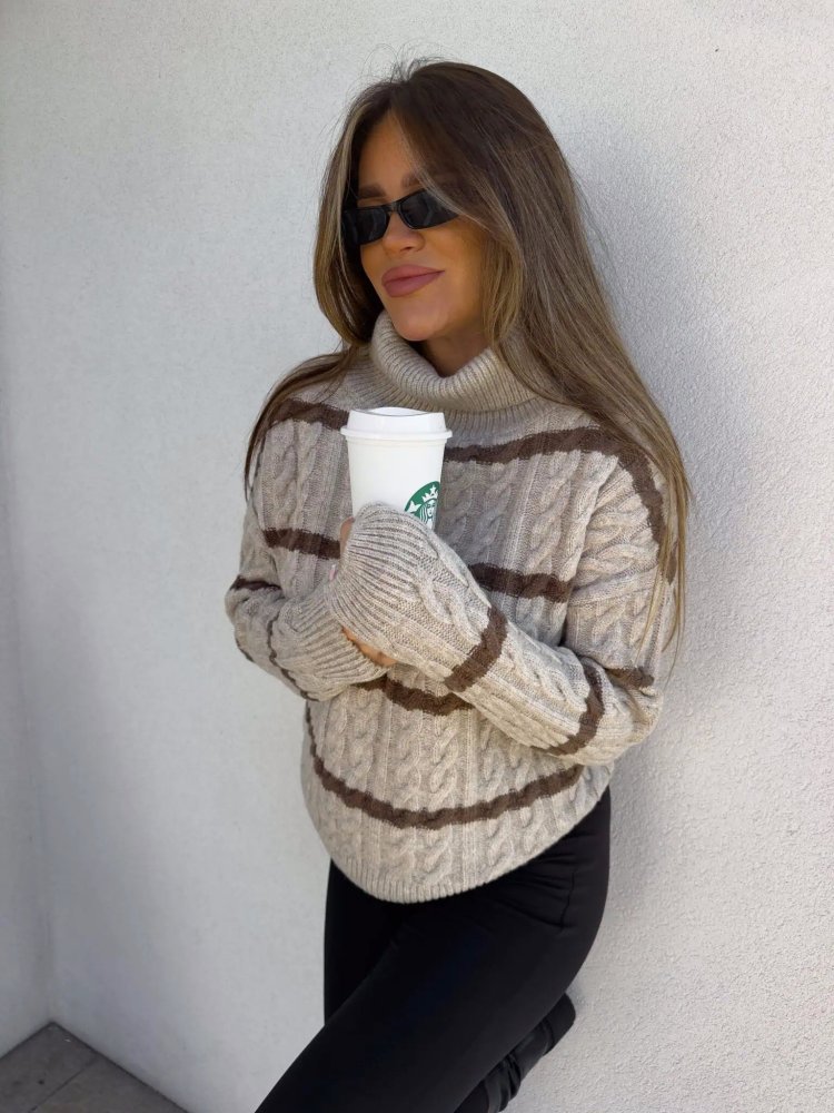 Sweter golf INKO pasy, beż-czekolada