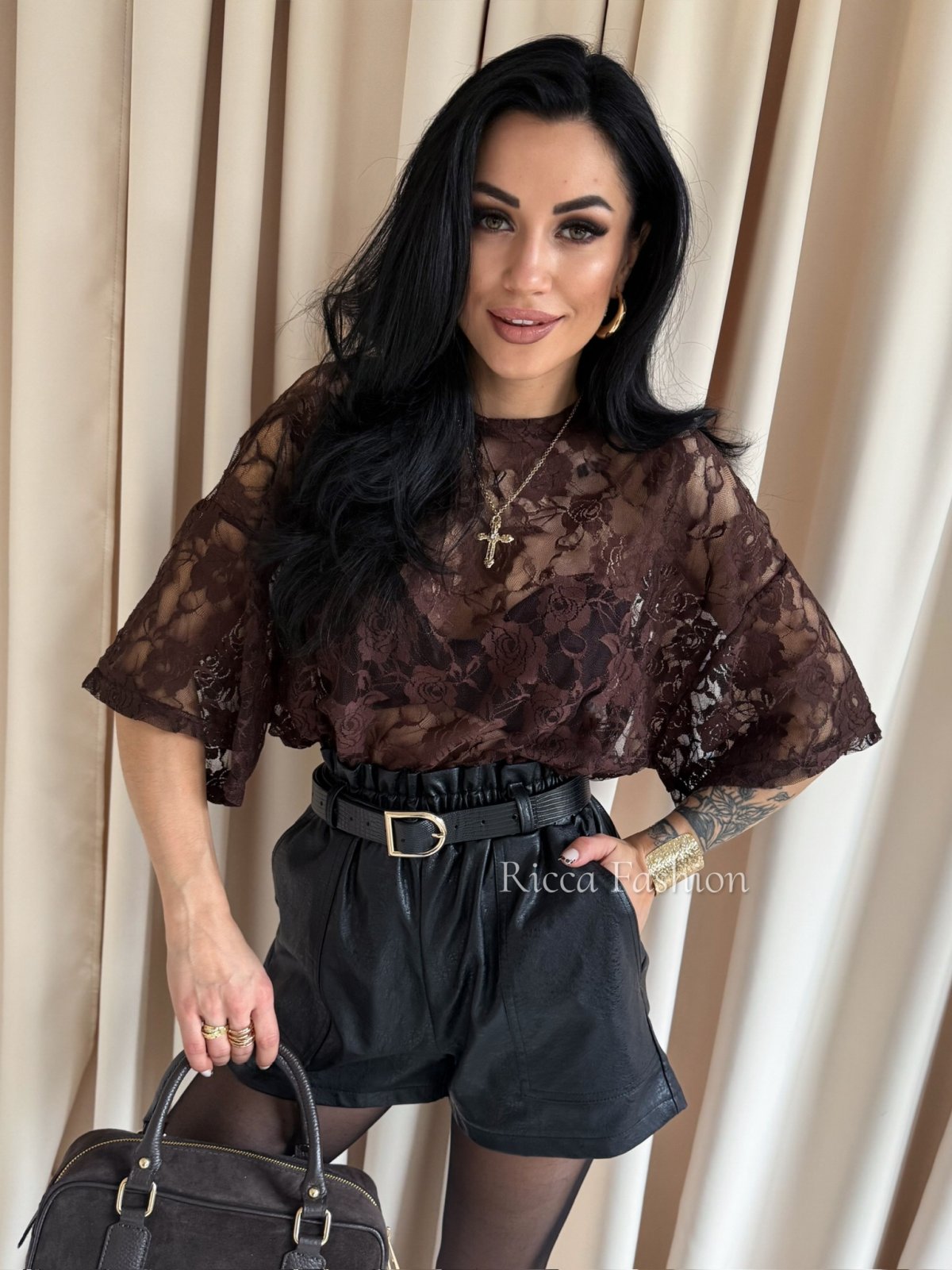 T-shirt koronkowy ARISS, chocolate