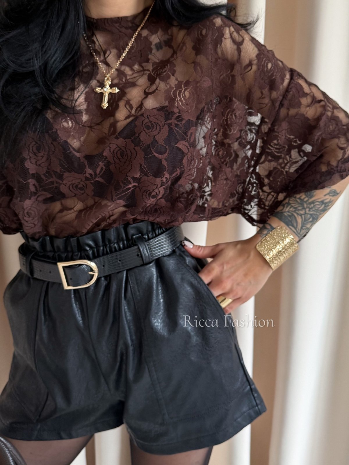 T-shirt koronkowy ARISS, chocolate