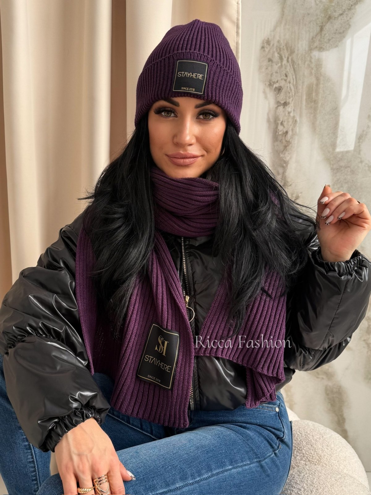 Komplet czapka+szalik STAY COZY, plum