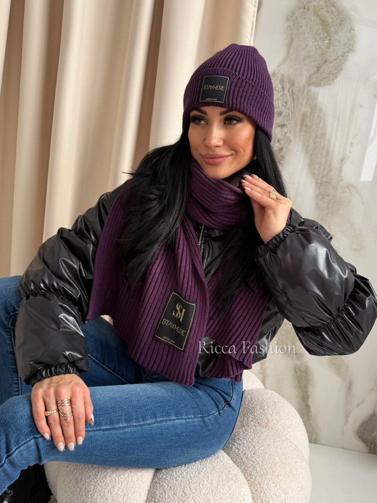 Komplet czapka+szalik STAY COZY, plum
