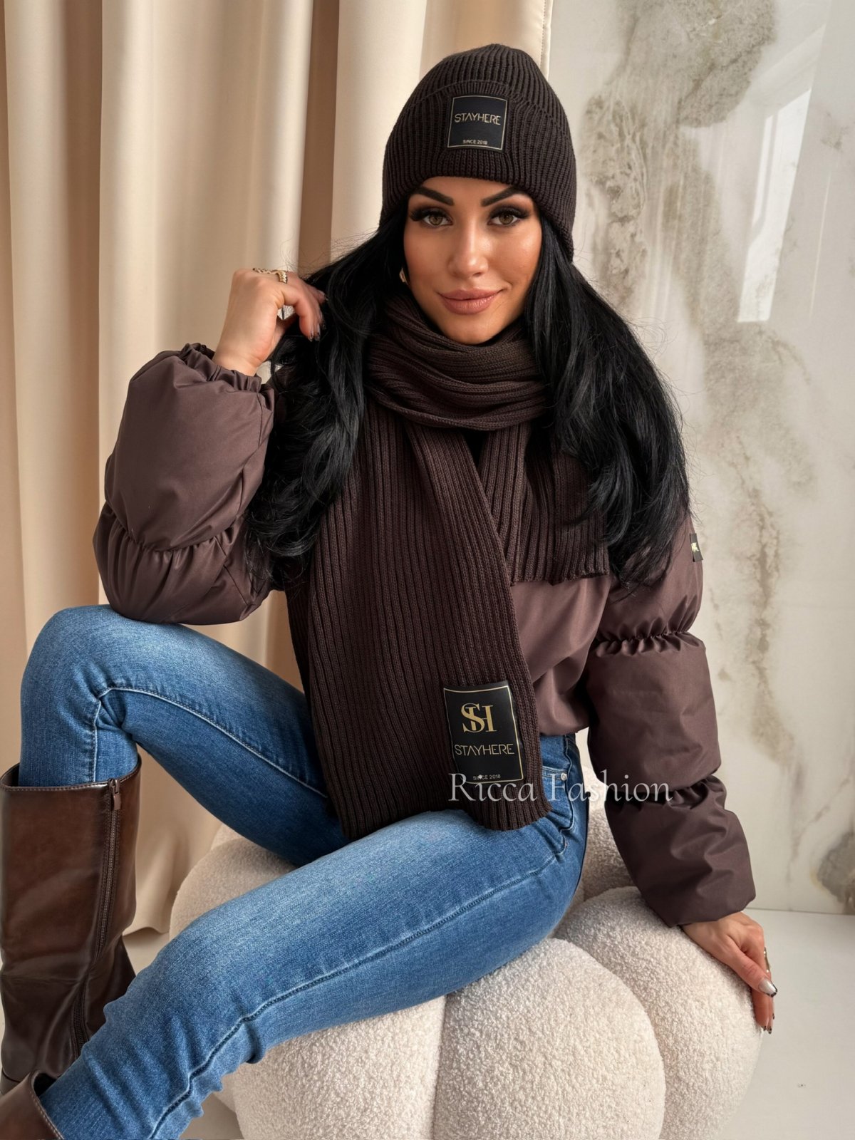 Komplet czapka+szalik STAY COZY, dark chocolate