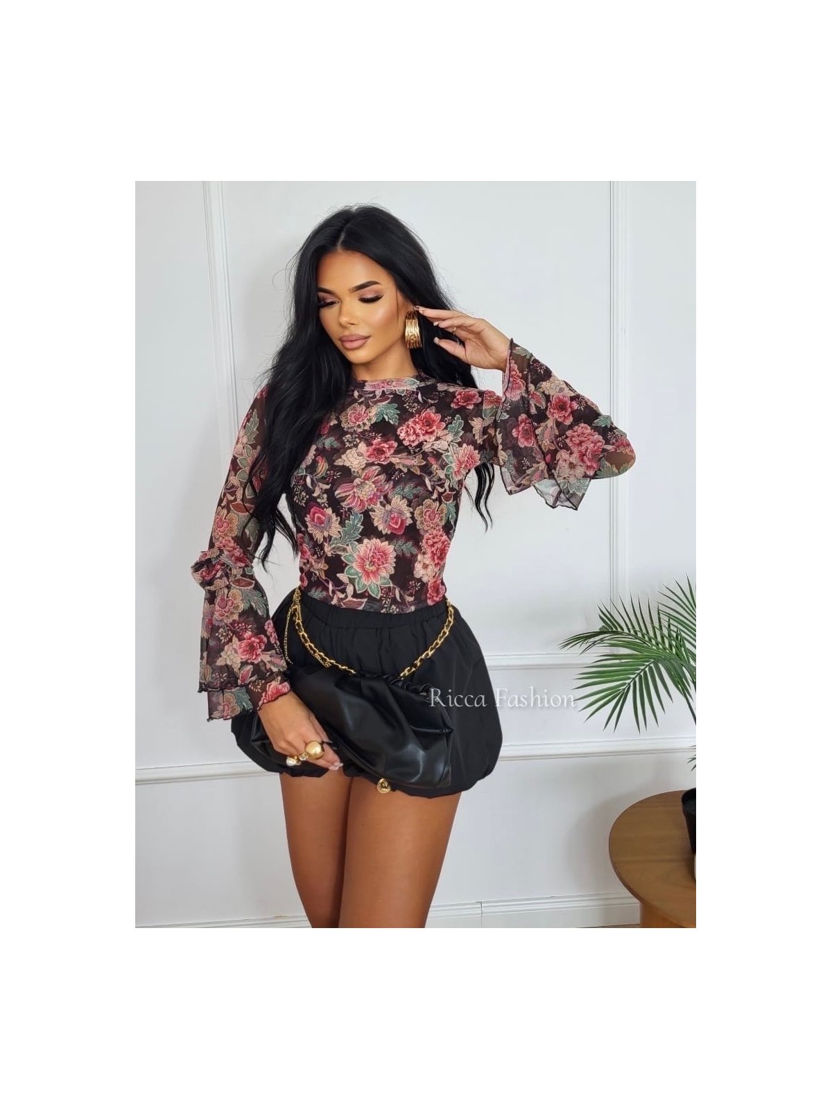 Bluzka siateczkowa ADRIENNA, chocolate/coral