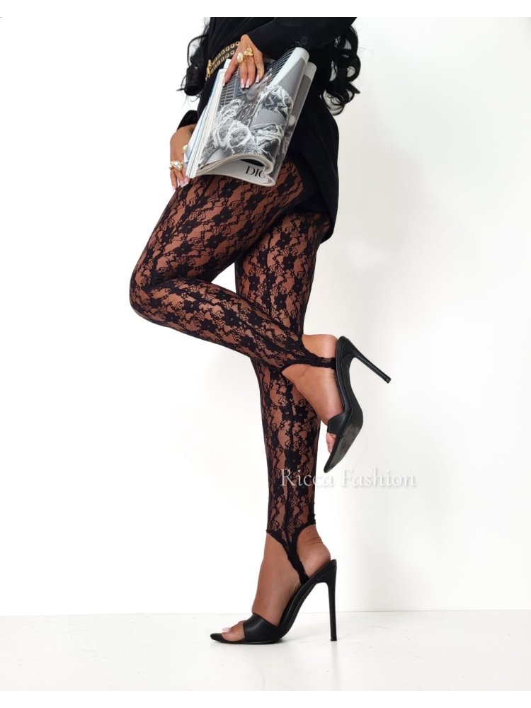 Legginsy koronkowe z zapiętkami MILADY, black