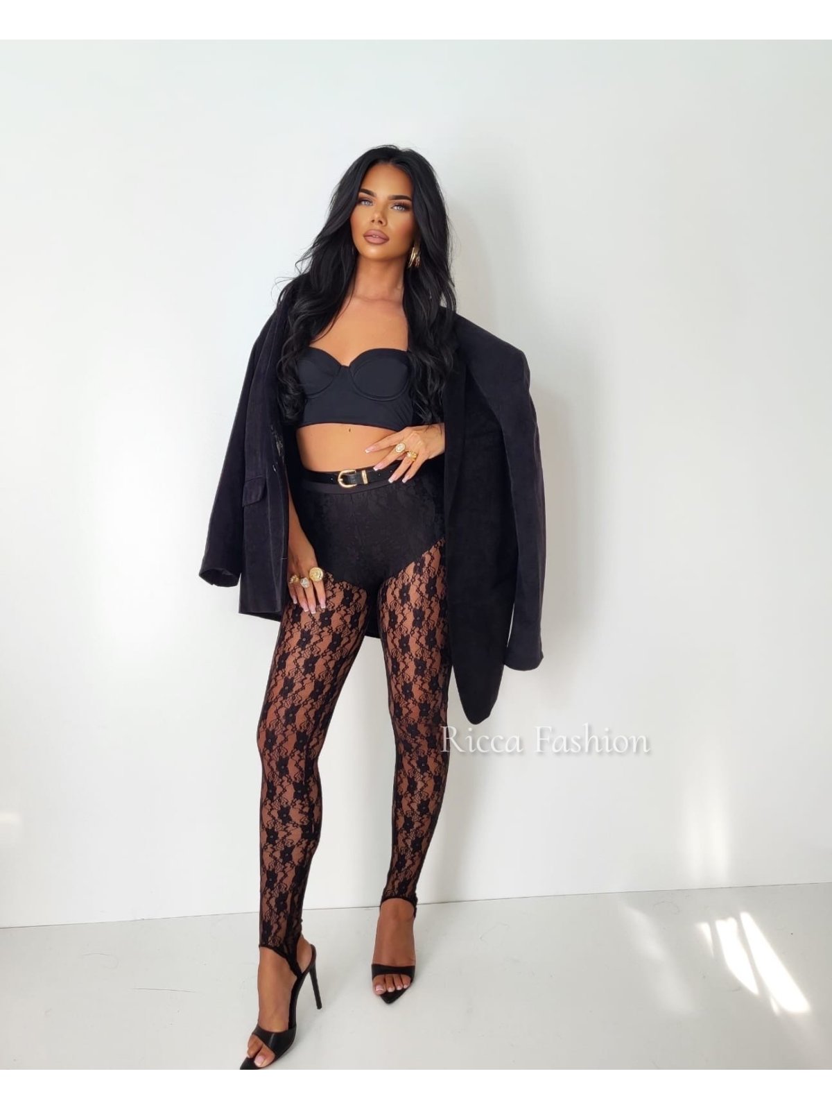 Legginsy koronkowe z zapiętkami MILADY, black