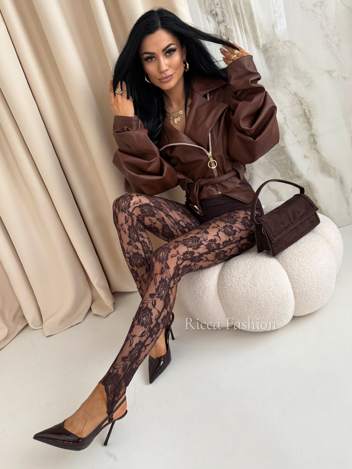 Legginsy koronkowe z zapiętkami MILADY, chocolate