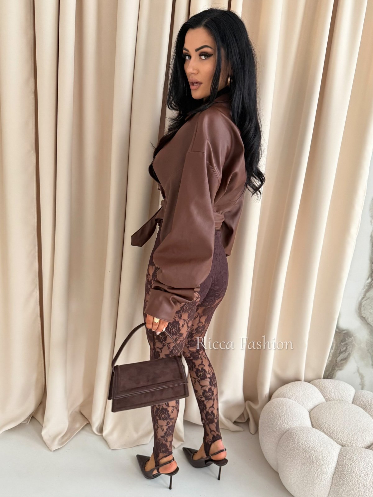 Legginsy koronkowe z zapiętkami MILADY, chocolate