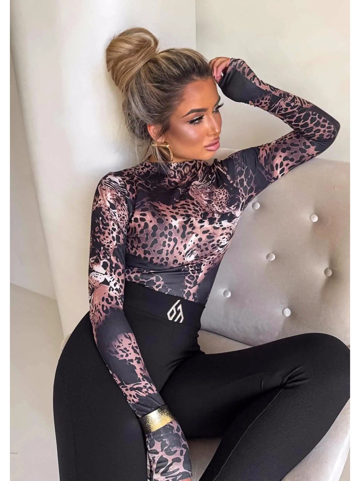 Bluzka SECOND SKIN, pantera/czarno-beżowa