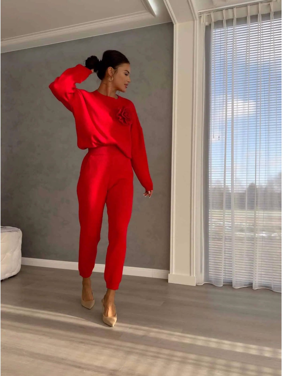 Komplet dzianinowy z kaszmirem DELANI LONG, red