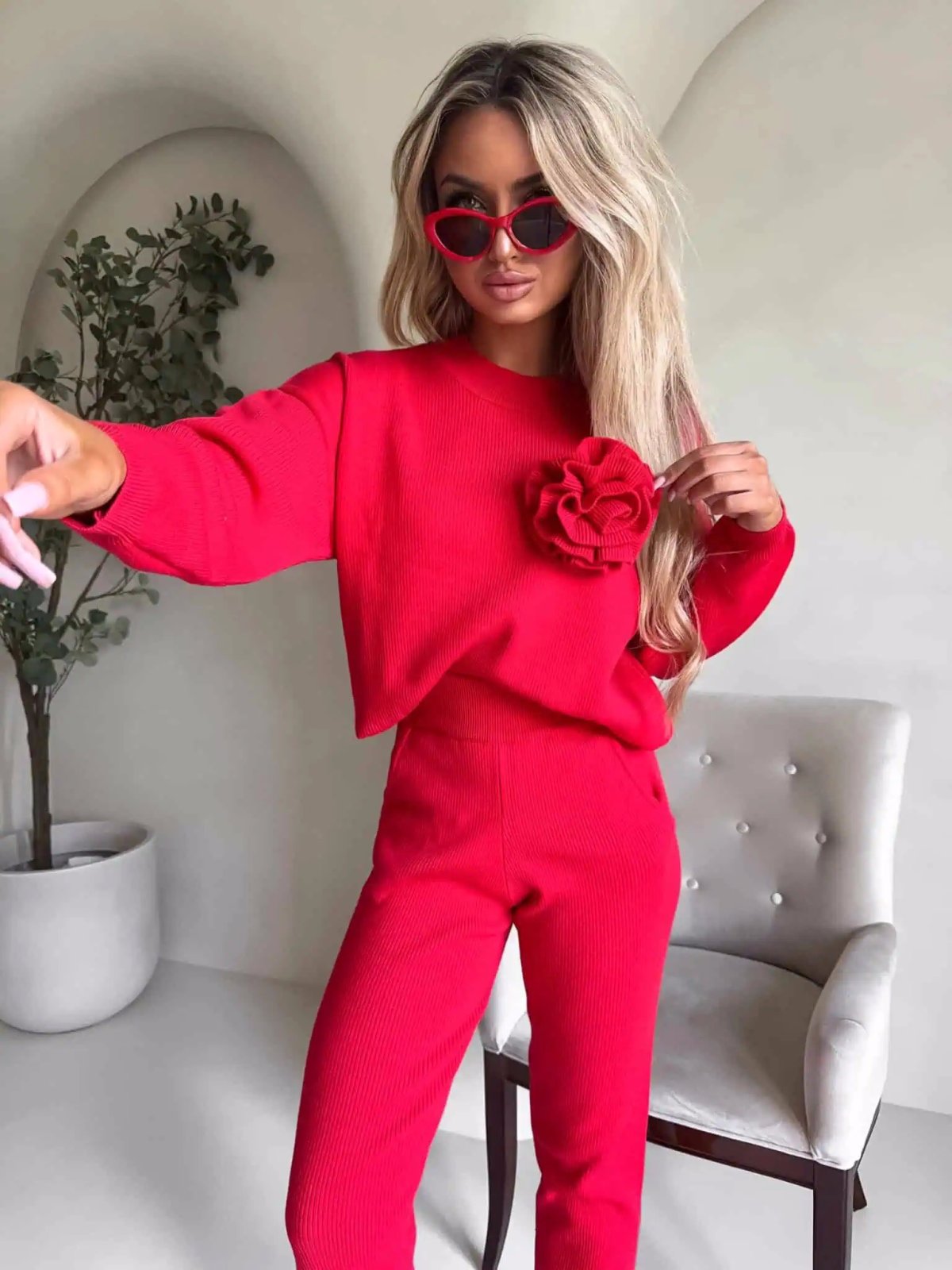 Komplet dzianinowy z kaszmirem DELANI LONG, red