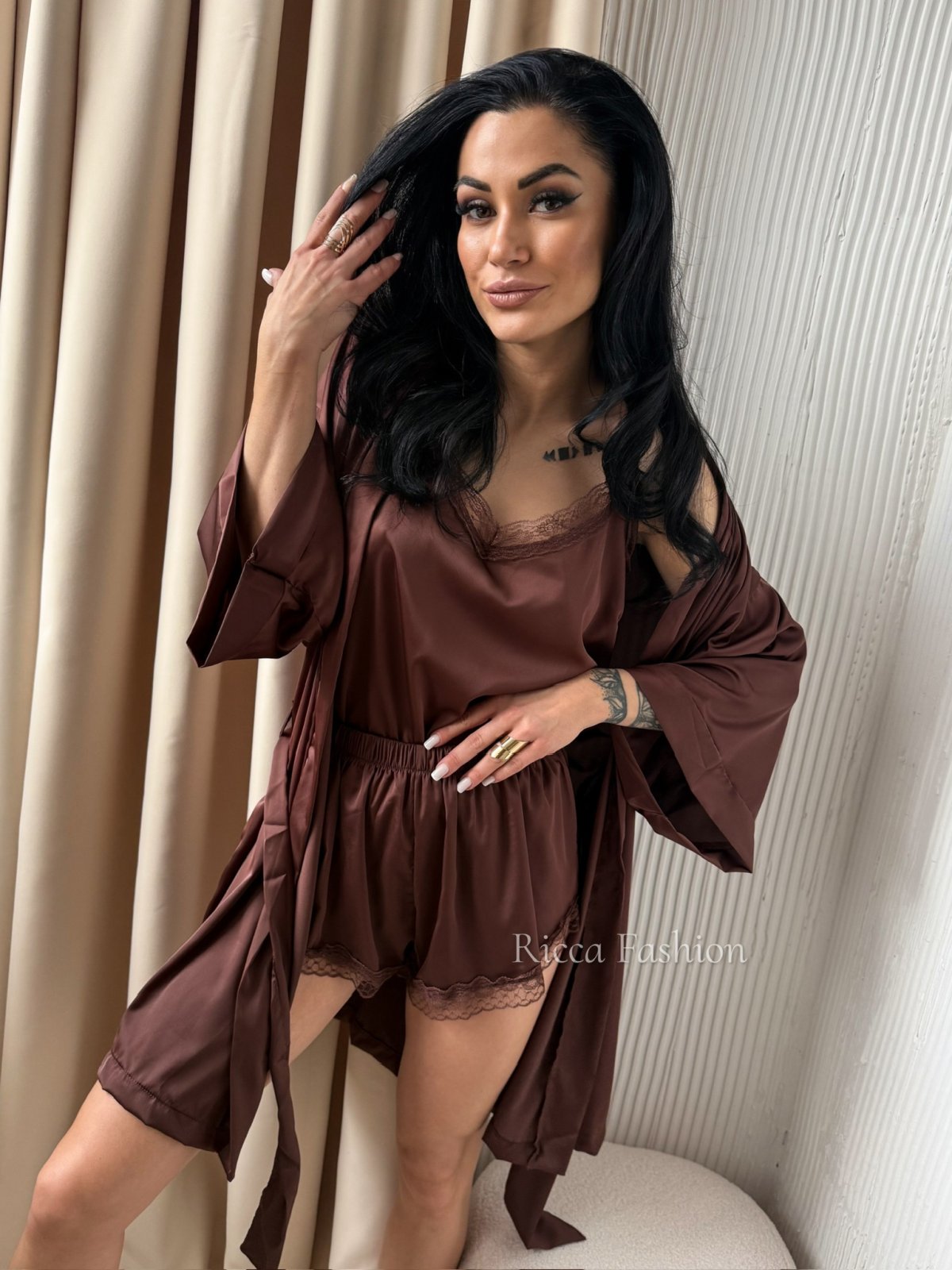 Piżama satynowa 3w1 SLEEPY, chocolate