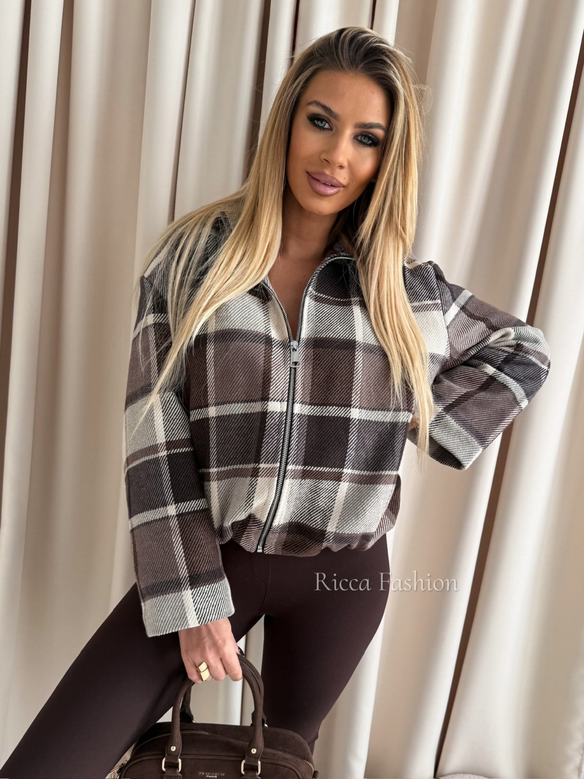 Bomberka w kratę KATE, beige/chocolate