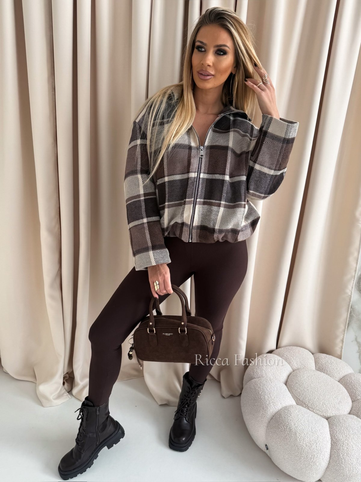 Bomberka w kratę KATE, beige/chocolate