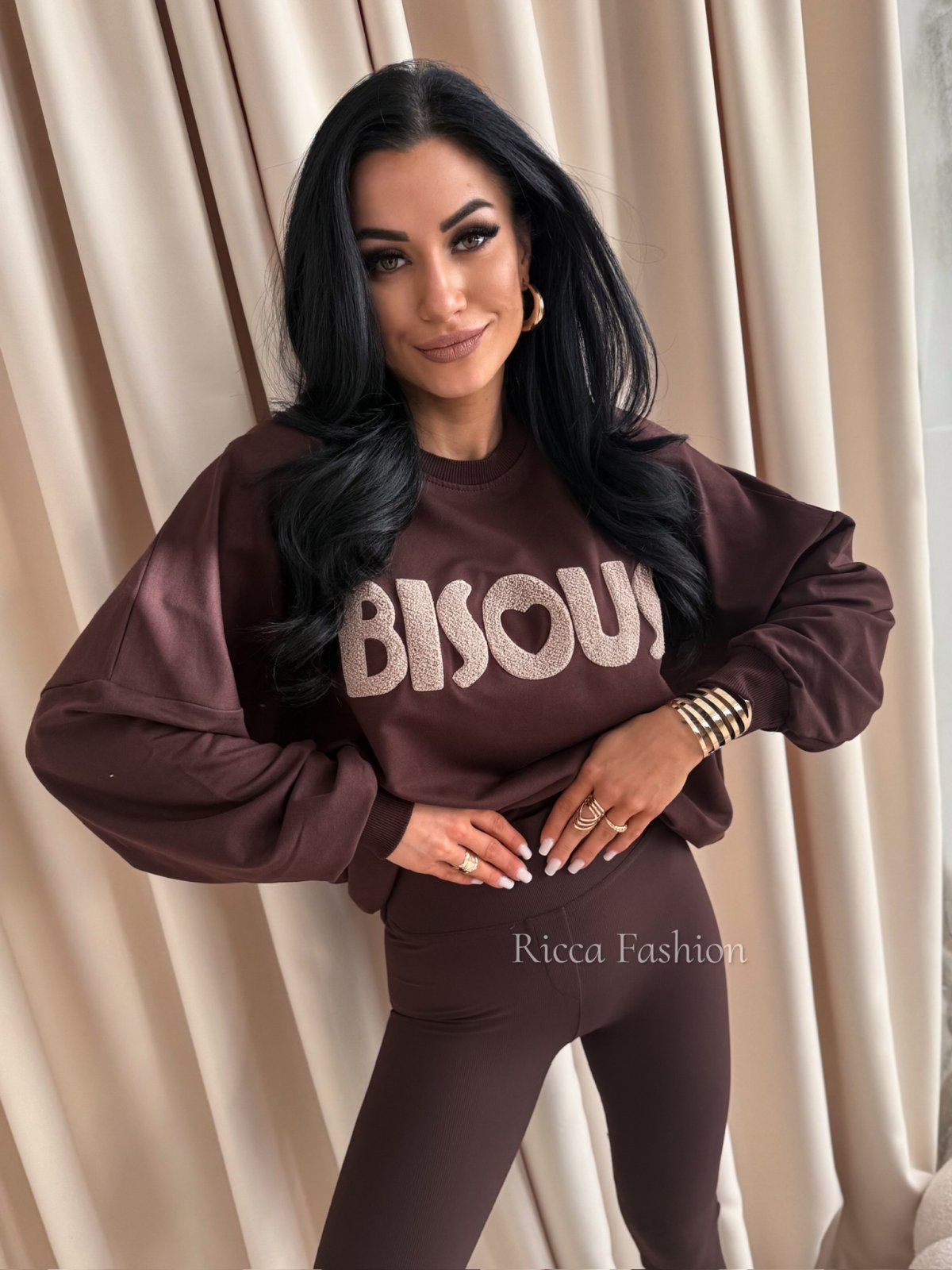 Bluza bawełniana BISOUS, chocolate/beige