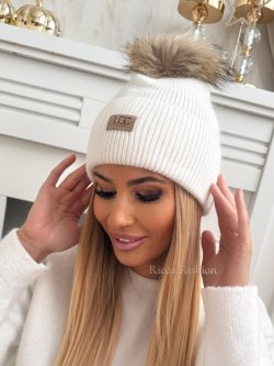 Czapka z angorą i jenotem ANGI, ecru
