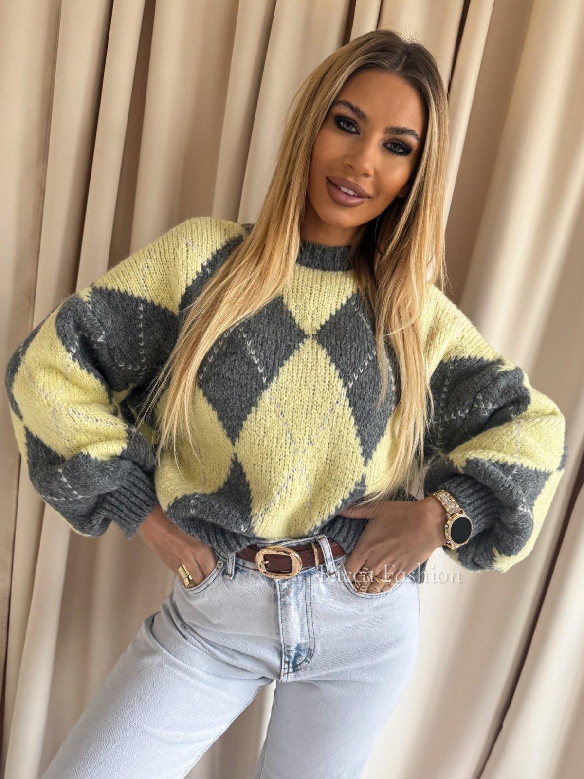 Sweter z wełną ROMBI, gray/yellow