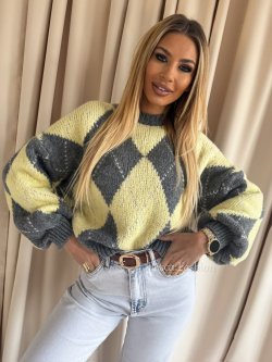 Sweter z wełną ROMBI, gray/yellow