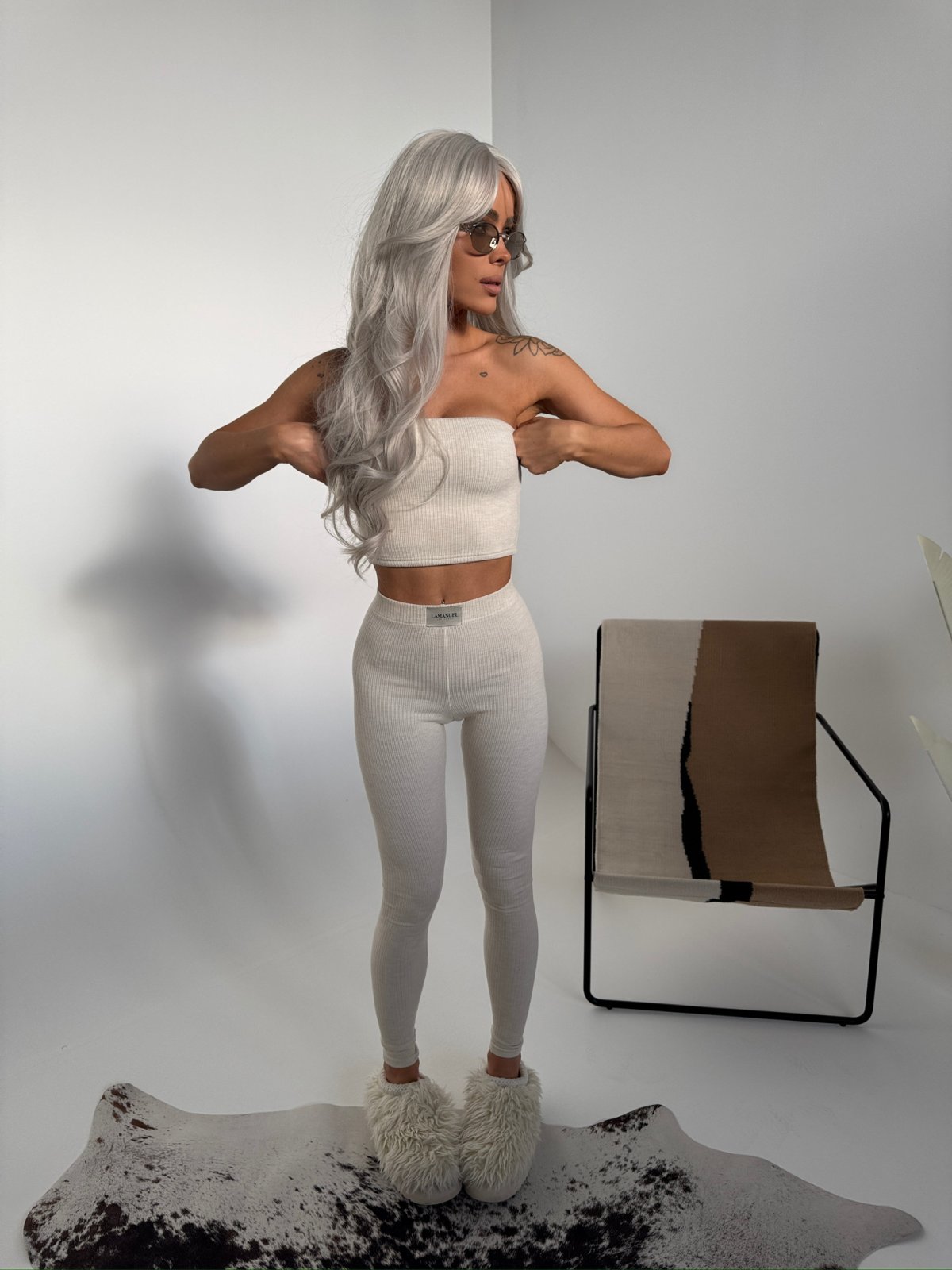 Komplet prążkowany SEPARATE, beż