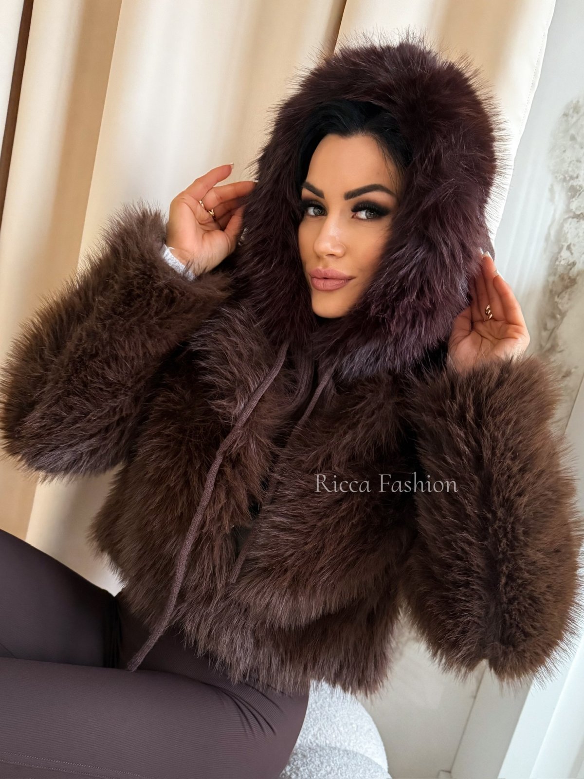 Balaclava/kaptur z wiskozą i wełną FURSI, chocolate