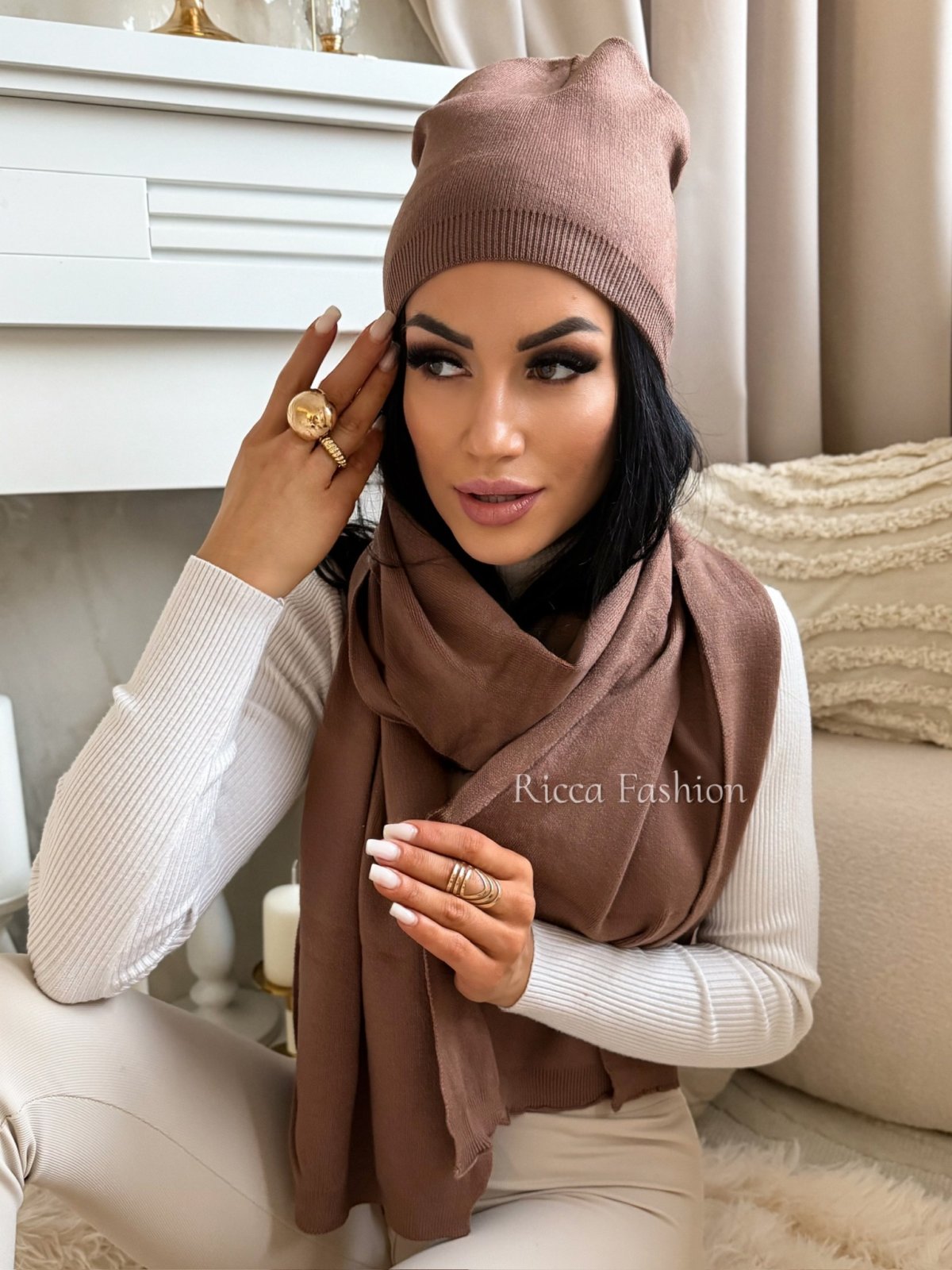 Komplet czapka+szalik z wełną SNOW TIME, milk chocolate