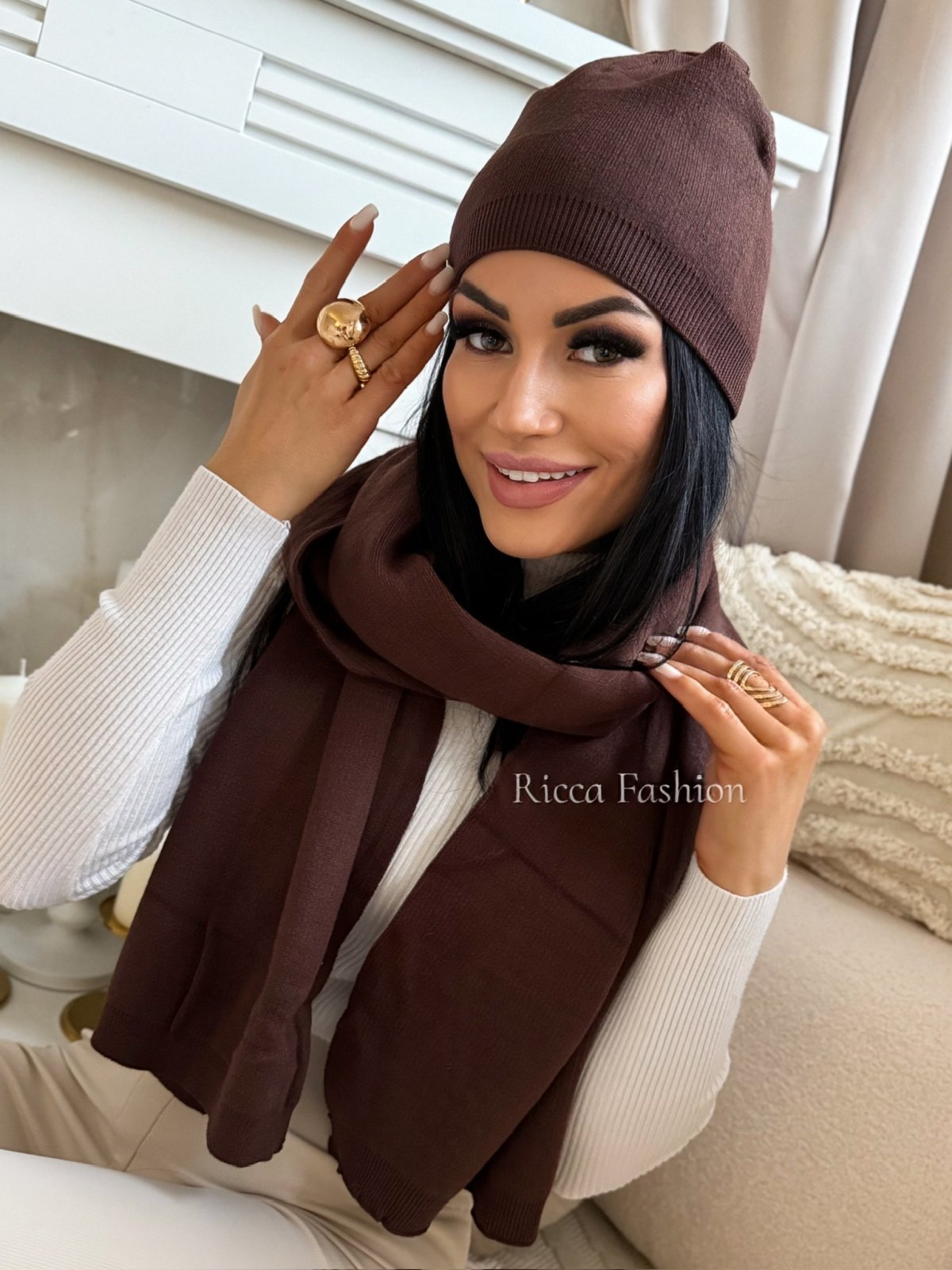 Komplet czapka+szalik z wełną SNOW TIME, dark chocolate