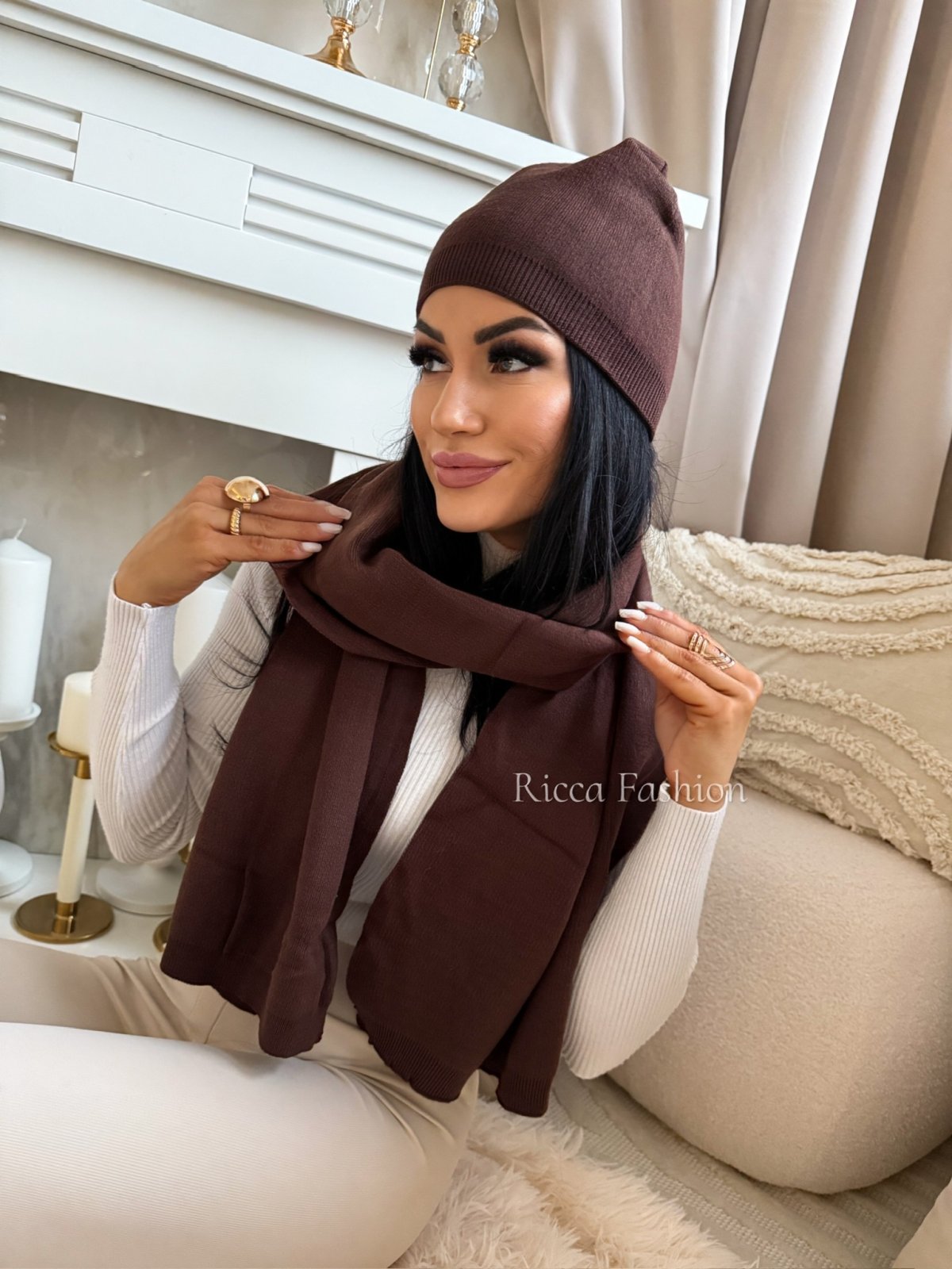 Komplet czapka+szalik z wełną SNOW TIME, dark chocolate