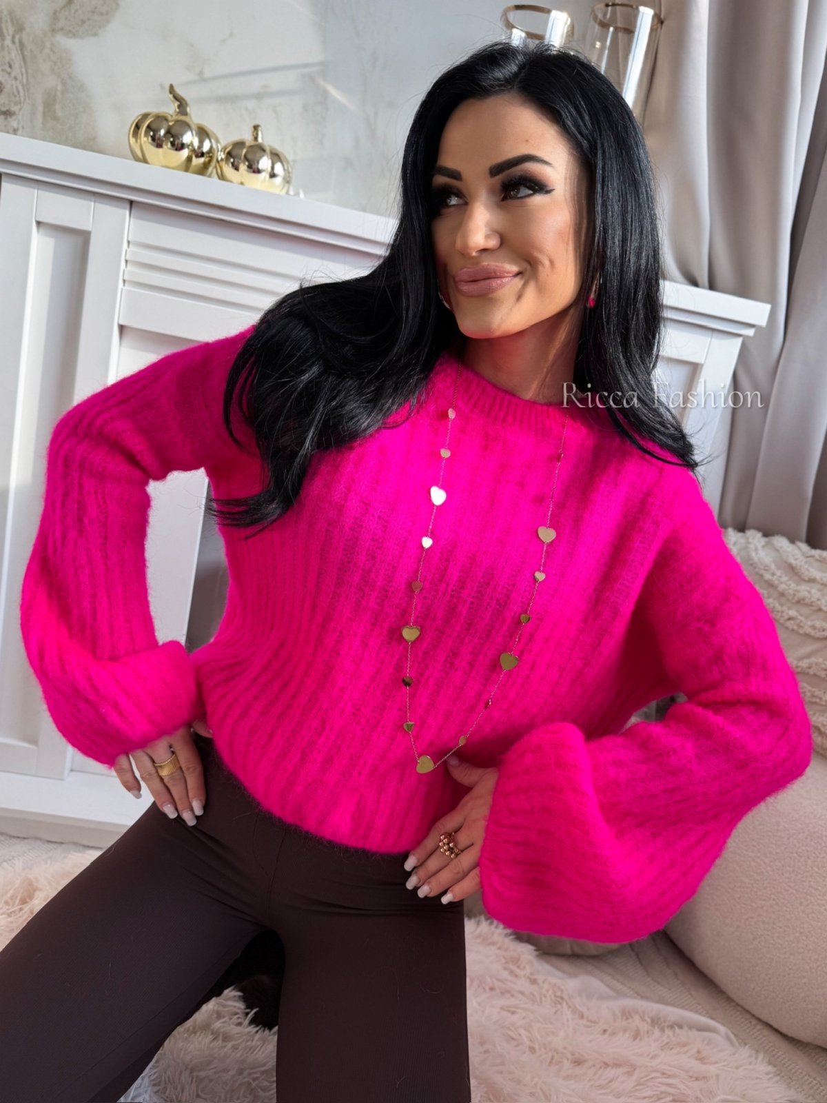 Sweterek 60% moher CALINNE, neon fuksja