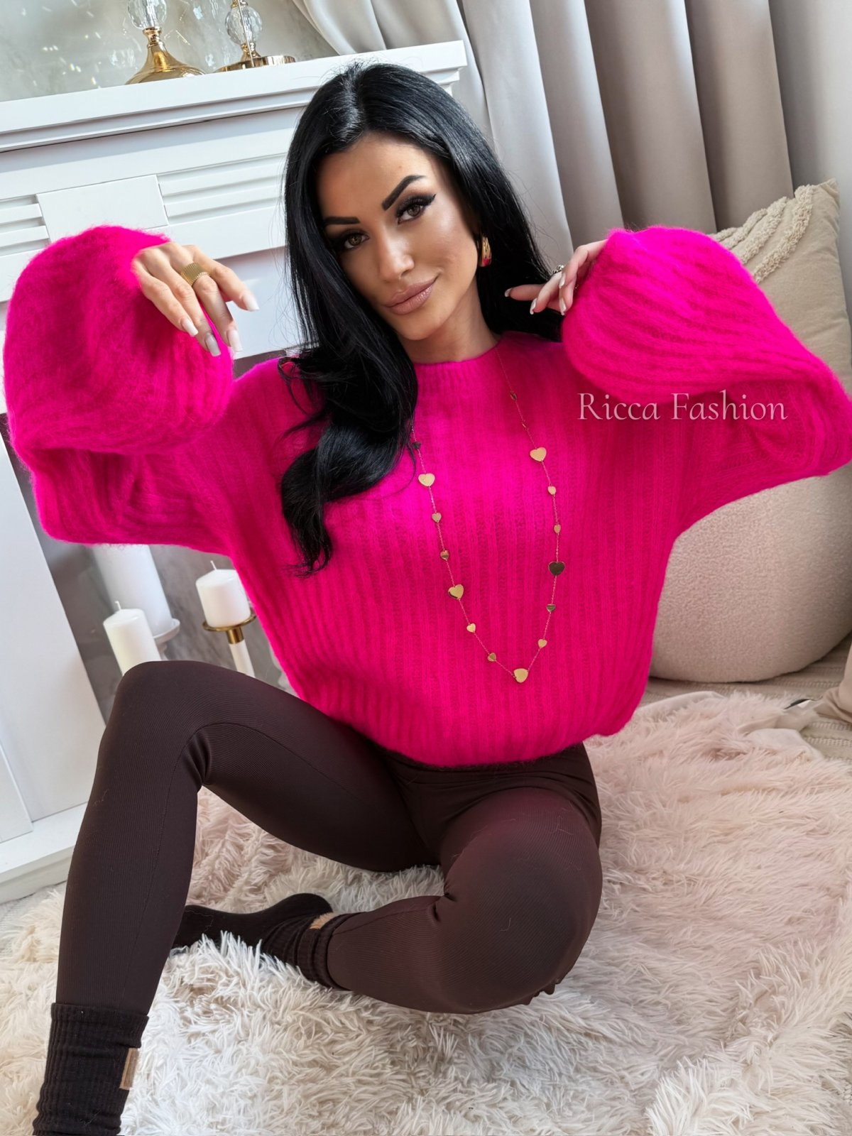 Sweterek 60% moher CALINNE, neon fuksja