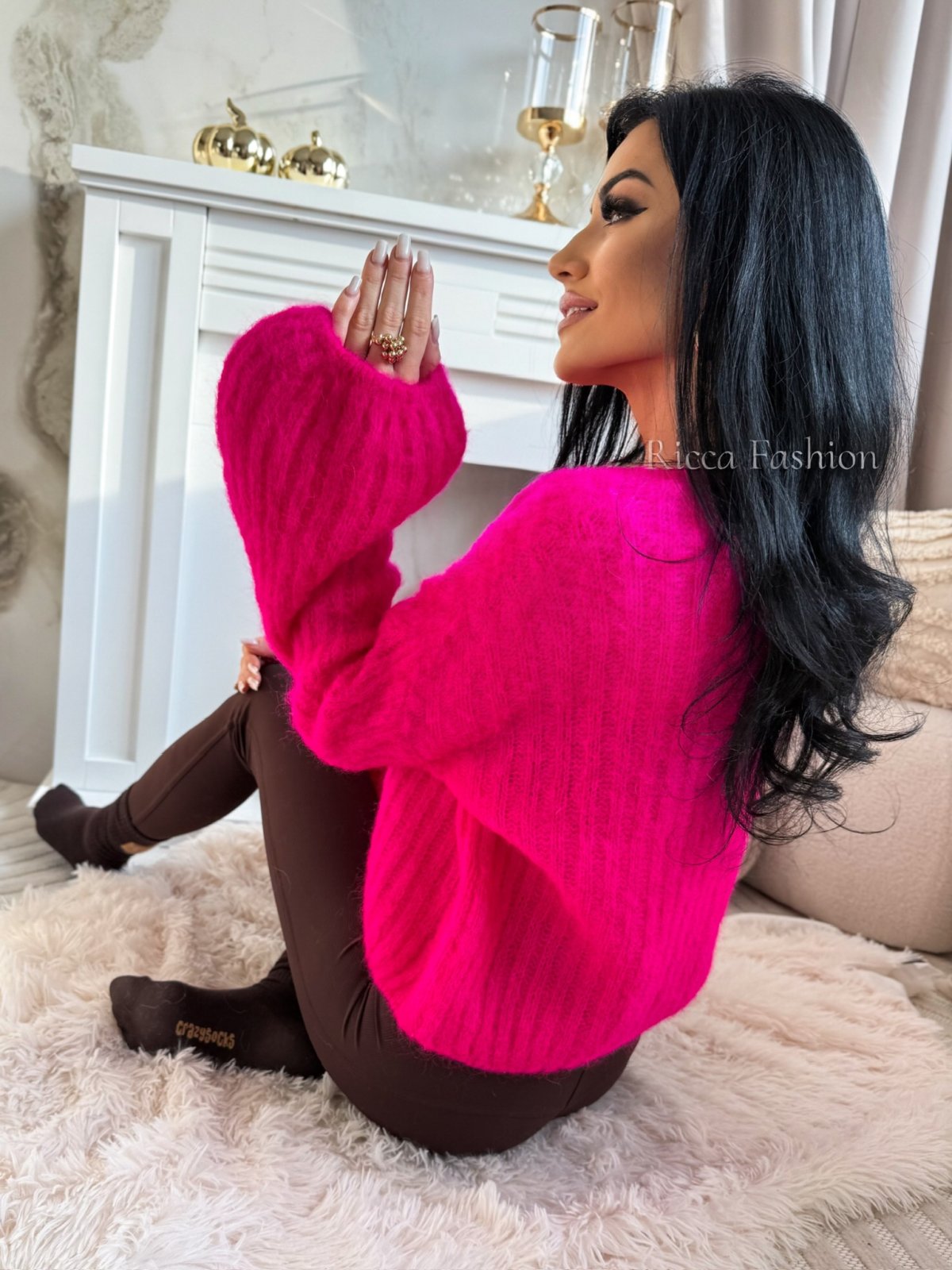 Sweterek 60% moher CALINNE, neon fuksja